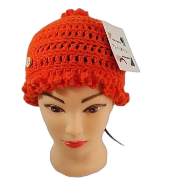Hand Knit Crochet Bucket Hat Orange Floral Ruffle - Picture 3 of 17